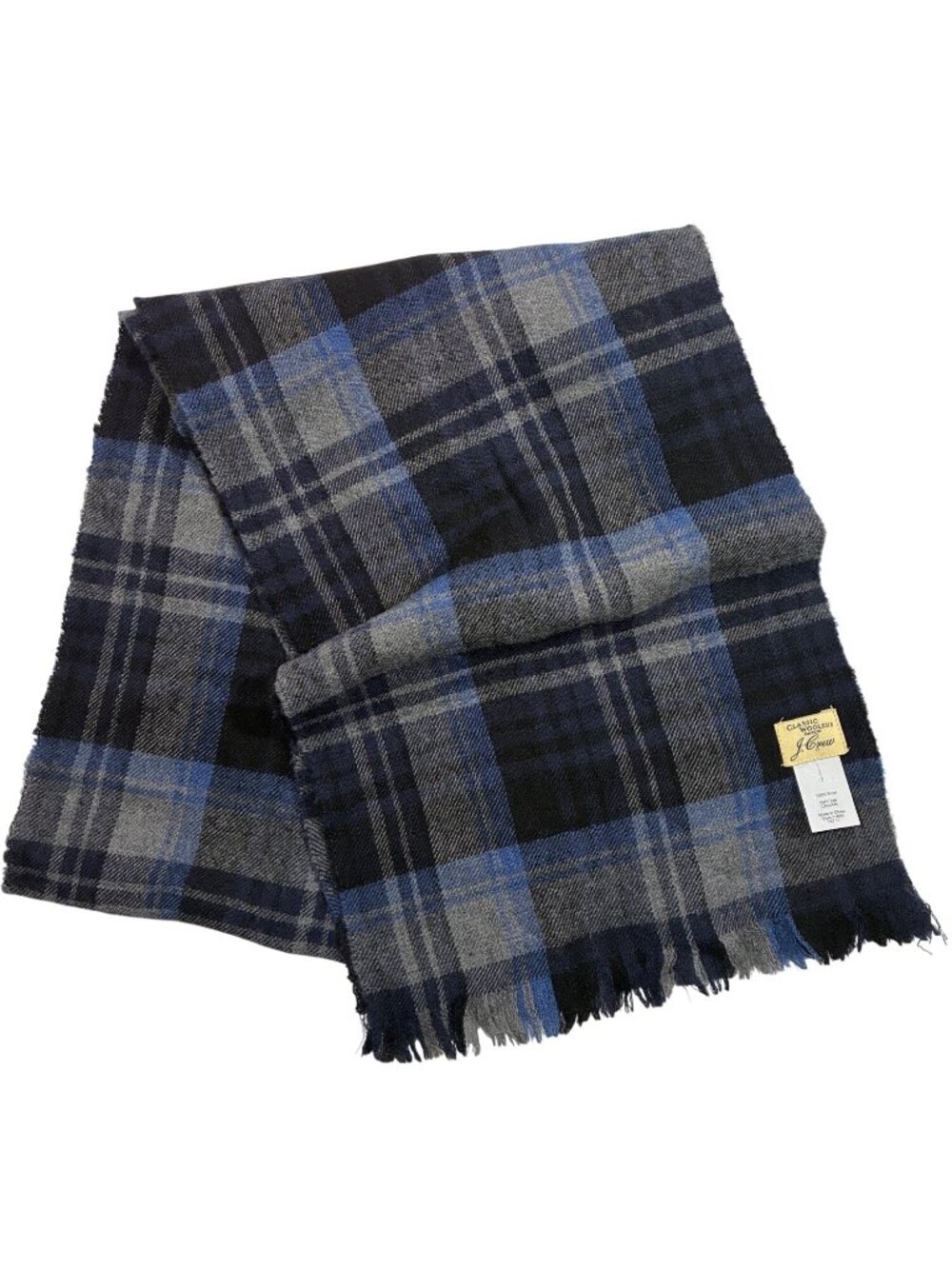 J.Crew Classic Wool Plaid Scarf In Blue & Grey With Fringe Ends 100% Wool 70"
